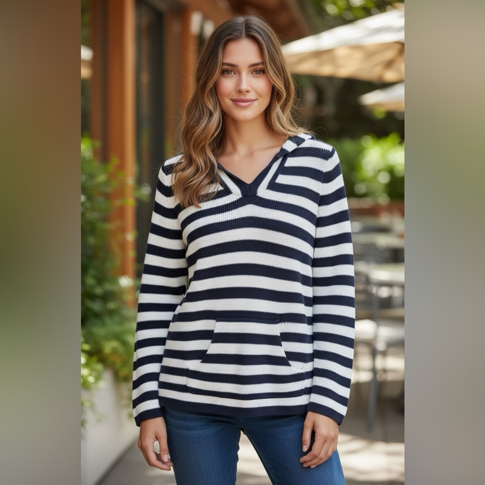 Talbots Petites Navy White Striped Hooded Sweater Kangaroo Pocket LP